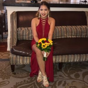 Red dress with thigh high slit and open back